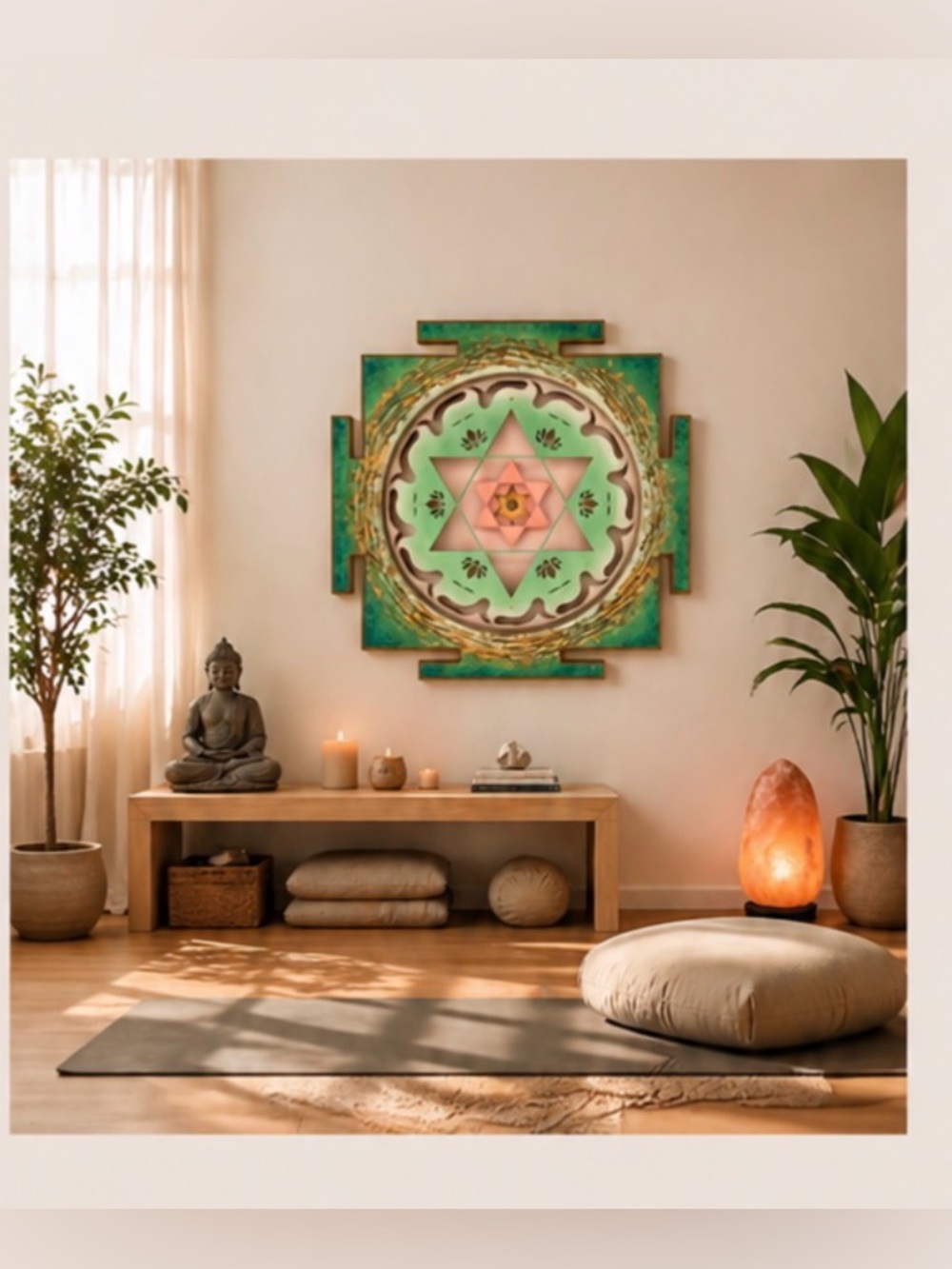 Geometric Mandala Wooden Wall Art in Green and Pink, Yoga studio - Picture 7 of 7